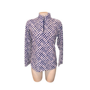 Women's IBKUL Long Sleeve Tee S Blue White Gingham